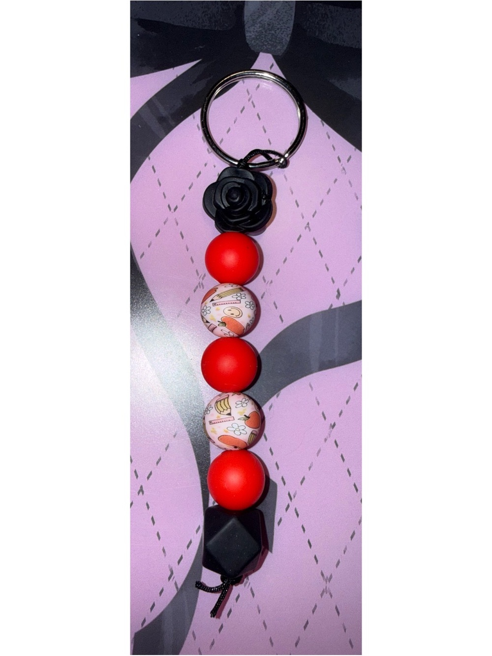 Beaded Red Floral Pattern Keychain with Black Rose Accent